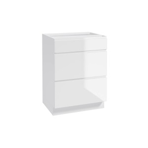 Biała szafka dolna kuchenna z trzema szufladami, część zestawu mebli kuchennych.