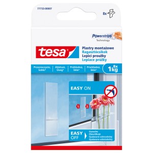 Tesa Powerstrips plastry montażowe do szkła, 8 sztuk, przezroczyste, do wieszania bez wiercenia.