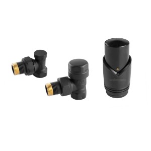 Czarny zestaw zaworów termostatycznych do instalacji grzewczych.