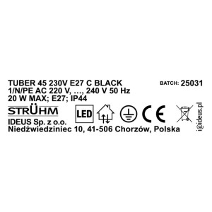 Struhm Lampa ogrodowa TUBER z gniazdkiem C 1xE27 20W IP44 45cm czarna