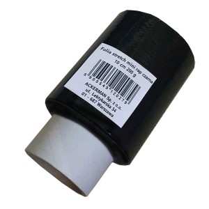 Czarna folia stretch mini wrap, szerokość 10 cm, 200 g, do zabezpieczania przed malowaniem.