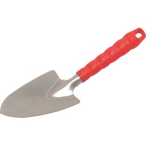 Stalowa kielnia do kwiatów z czerwonym plastikowym uchwytem i oczkiem do zawieszania do prac ogrodowych.