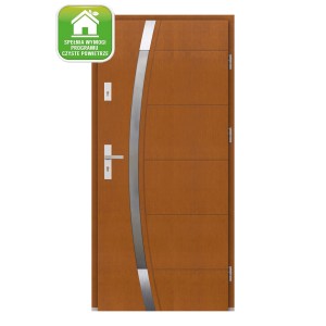 Brązowe drzwi zewnętrzne z srebrnym elementem dekoracyjnym. Drzwi wejściowe do domu.