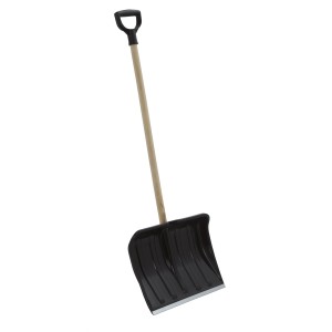 Czarna łopata do śniegu z drewnianym trzonkiem i uchwytem typu D. Idealna do odśnieżania.