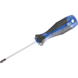 Śrubokręt LUX Comfort PZ2, 100 mm, z niebiesko-czarną rączką i otworem do zawieszania.