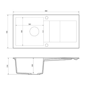 Rysunek techniczny zlewozmywaka granitowego t.b.t. z wymiarami.