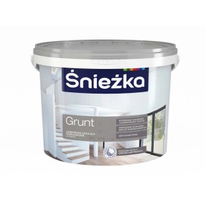 Wiadro Śnieżka gruntu głęboko penetrującego do wnętrz, biała farba lateksowa.