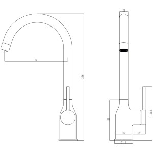 Rysunek techniczny jednouchwytowej baterii t.b.t. z wymiarami.