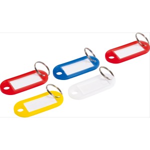 Breloki LUX, 5 sztuk, plastikowe, kolorowe z polem na etykietę i kółkiem do kluczy.
