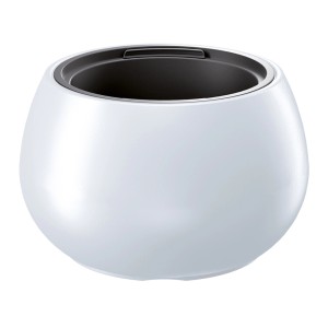 Biała, okrągła doniczka t.b.t. do użytku wewnątrz i na zewnątrz.