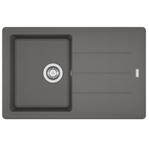 Szary granitowy zlew t.b.t. z ociekaczem i okrągłą komorą.