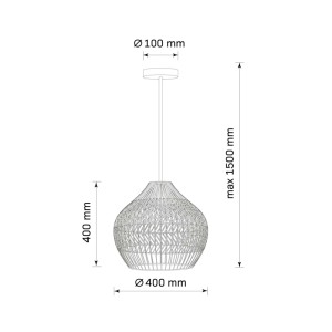 Szkic lampy wiszącej t.b.t. z wymiarami: średnica 400 mm, wysokość max. 1500 mm.