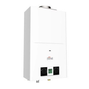 Biały przepływowy ogrzewacz wody t.b.t. z cyfrowym wyświetlaczem i pokrętłami.