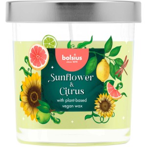 Świeca zapachowa o zapachu słonecznika i cytrusów w szklanym słoiku ze srebrną pokrywką.