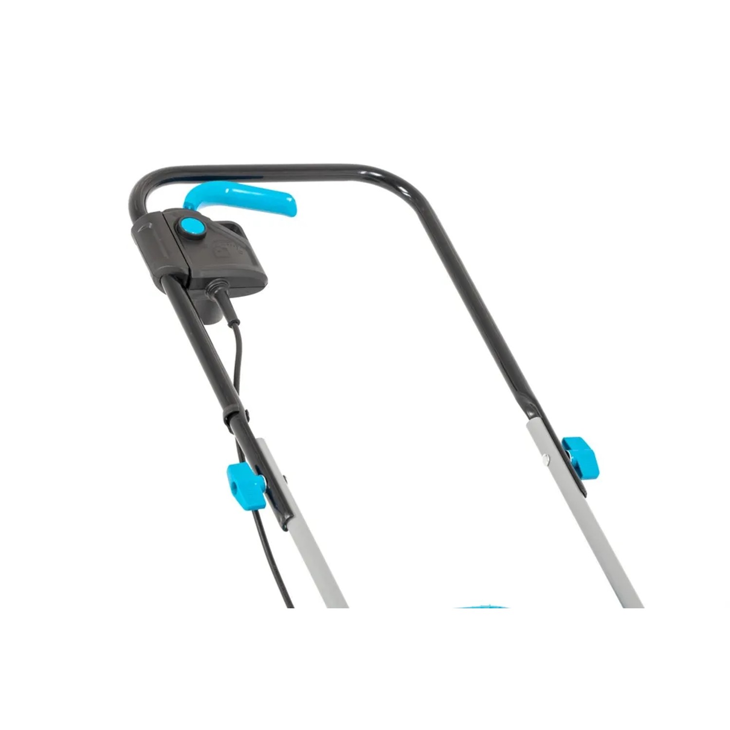 Zbliżenie uchwytu kosiarki elektrycznej t.b.t.. Skupienie na elementach sterujących i ergonomicznej konstrukcji.