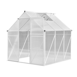 Biała konstrukcja szklarni z metalu i paneli z tworzyw sztucznych.