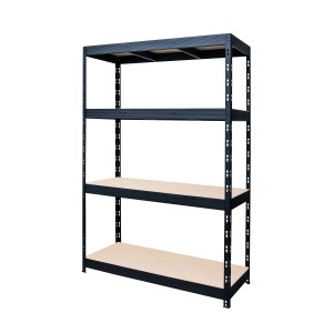 Czarny regał t.b.t. z czterema półkami do przechowywania i piwnicy.