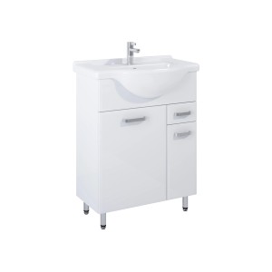 Biały zestaw mebli łazienkowych t.b.t. z umywalką, szafką i baterią.