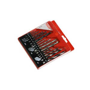16-częściowy zestaw wierteł do drewna, kamienia i metalu w plastikowym etui.