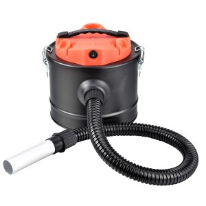 Odkurzacz do popiołu do akcesoriów kominkowych, czarny z pomarańczową pokrywą i wężem.