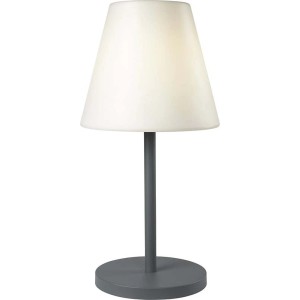 Szara lampa stołowa zewnętrzna t.b.t. z białym abażurem.