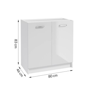 Biała szafka dolna kuchenna (80x46x83cm) z dwoma drzwiami i srebrnymi uchwytami. Część zestawu mebli kuchennych.