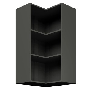 Szara narożna szafka wisząca z trzema półkami do przechowywania.