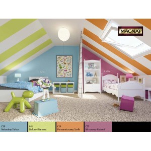 Pokój dziecięcy z kolorowymi ścianami w paski (turkusowy, zielony, pomarańczowy, różowy) i pasującymi meblami. Kolorowe farby do ścian.