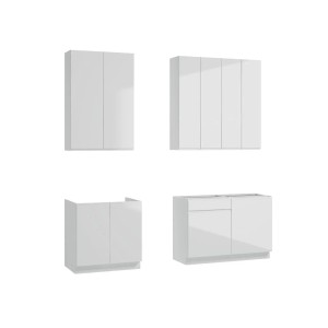 t.b.t. Zestaw mebli kuchennych w kolorze białym, składający się z szafek górnych i dolnych.
