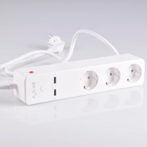 Biała listwa zasilająca t.b.t. z 3 gniazdami Schuko i 2 portami USB do inteligentnego domu.