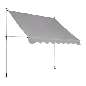 Srebrnoszara markiza z opadającymi ramionami 2,5x1,5 m z korbą i regulowanymi nóżkami do okien i balkonów.