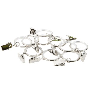 Akcesoria do karniszy: Srebrne kółka z klipsami do zasłon.