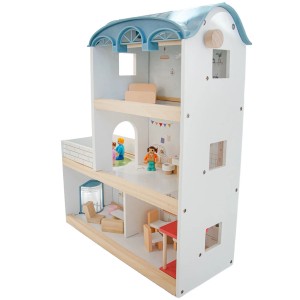 t.b.t. Drewniany domek dla lalek, wielopiętrowy z meblami i figurkami.