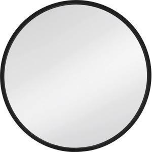 Okrągłe lustro z czarną ramą.
