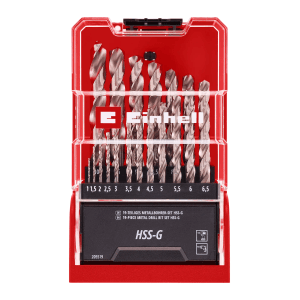 Zestaw wierteł do metalu Einhell HSS-G, 19-częściowy (1-10 mm) w czerwonym pudełku.