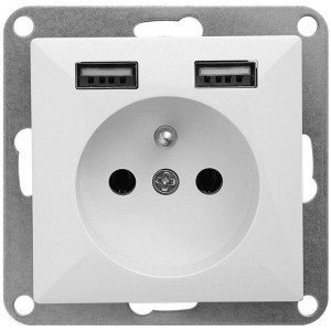 Białe gniazdko elektryczne z dwoma portami USB do zasilania.