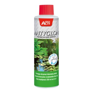 Butelka preparatu Aquael Acti Antyglon do pielęgnacji oczka wodnego, zwalczającego glony.