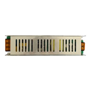 Transformator LED t.b.t. w metalowej obudowie z otworami wentylacyjnymi.