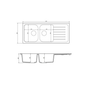 Rysunek techniczny zlewozmywaka granitowego t.b.t. z dwoma komorami i ociekaczem, wymiary w mm.
