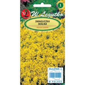 Opakowanie nasion Smagliczki skalnej 't.b.t.' z żółtymi kwiatami.
