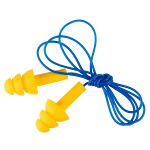 Żółte wkładki do uszu LUX wielokrotnego użytku z niebieskim sznurkiem (4 sztuki).