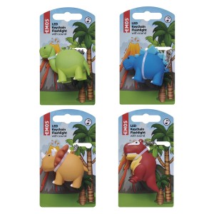 Cztery latarki EMOS w kształcie dinozaurów jako breloczki w różnych kolorach.