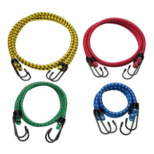 Zestaw 8 ekspanderów gumowych w kolorze żółtym, czerwonym, zielonym i niebieskim z metalowymi haczykami. Pasy napinające do zabezpieczania ładunku.