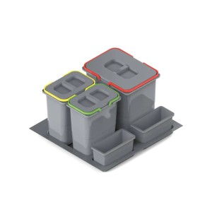 Szary system organizacji kuchni t.b.t. z kolorowymi pokrywkami i pojemnikami.