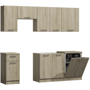 Zestaw mebli kuchennych t.b.t. w drewnopodobnym wykończeniu z szafkami górnymi i dolnymi, w tym zmywarka.