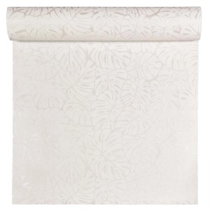 Rolka białej tapety dekoracyjnej z motywem liści monstery.