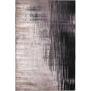 Nowoczesny dywan z krótkim włosiem z abstrakcyjnym wzorem w odcieniach szarości i czerni.