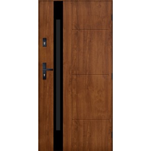 Brązowe drzwi zewnętrzne z czarną klamką i elementem dekoracyjnym.