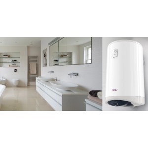 Biały bojler TESY w nowoczesnej łazience. Rozwiązanie do podgrzewania wody w Twoim domu.