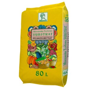 Żółty worek podłoża torfowego (80L) z motywem warzyw i kwiatów.